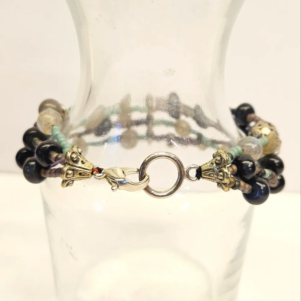 Labradorite and Deep Blue Tiger's Eye Triple Strand Beaded Bracelet
